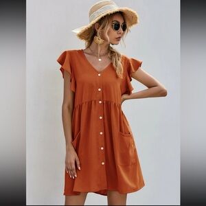 SHEIN orange dual pocket ruffle cuff smock dress size XL